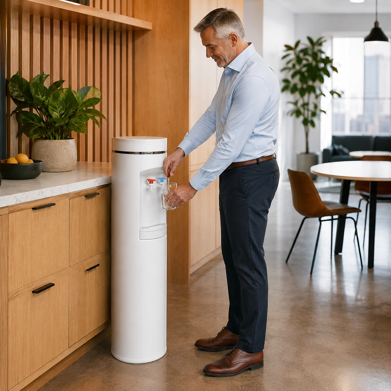 Crystal Mountain ASPEN bottleless water cooler in a modern office breakroom with a mature businessman filling a glasse of water. loading=