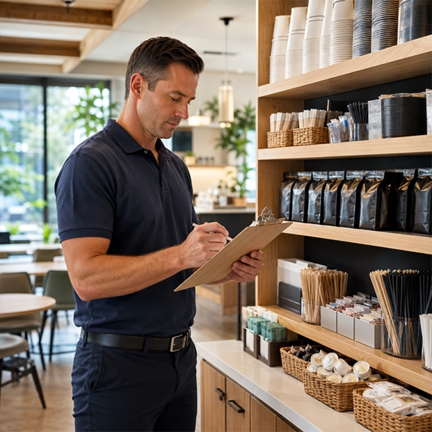 Office coffee service personnel inspecting breakroom products