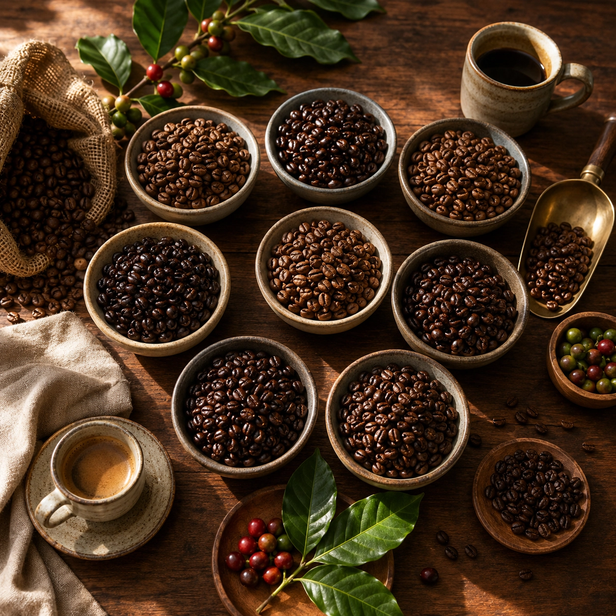 premium whole coffee beans displayed in beautiful ceramic bowls or small piles on a warm walnut tabletop