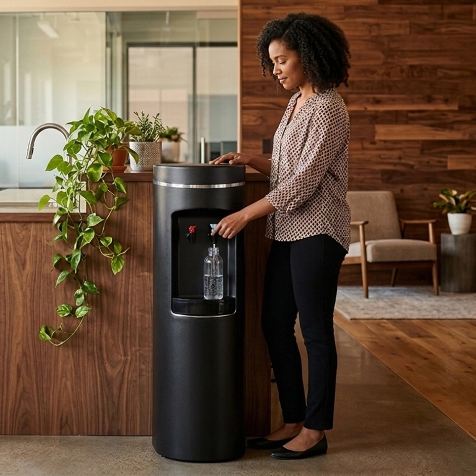 Crystal Mountain ASPEN bottleless water cooler installed in a modern office breakroom with one or two employees filling reusable glasses or water bottles.