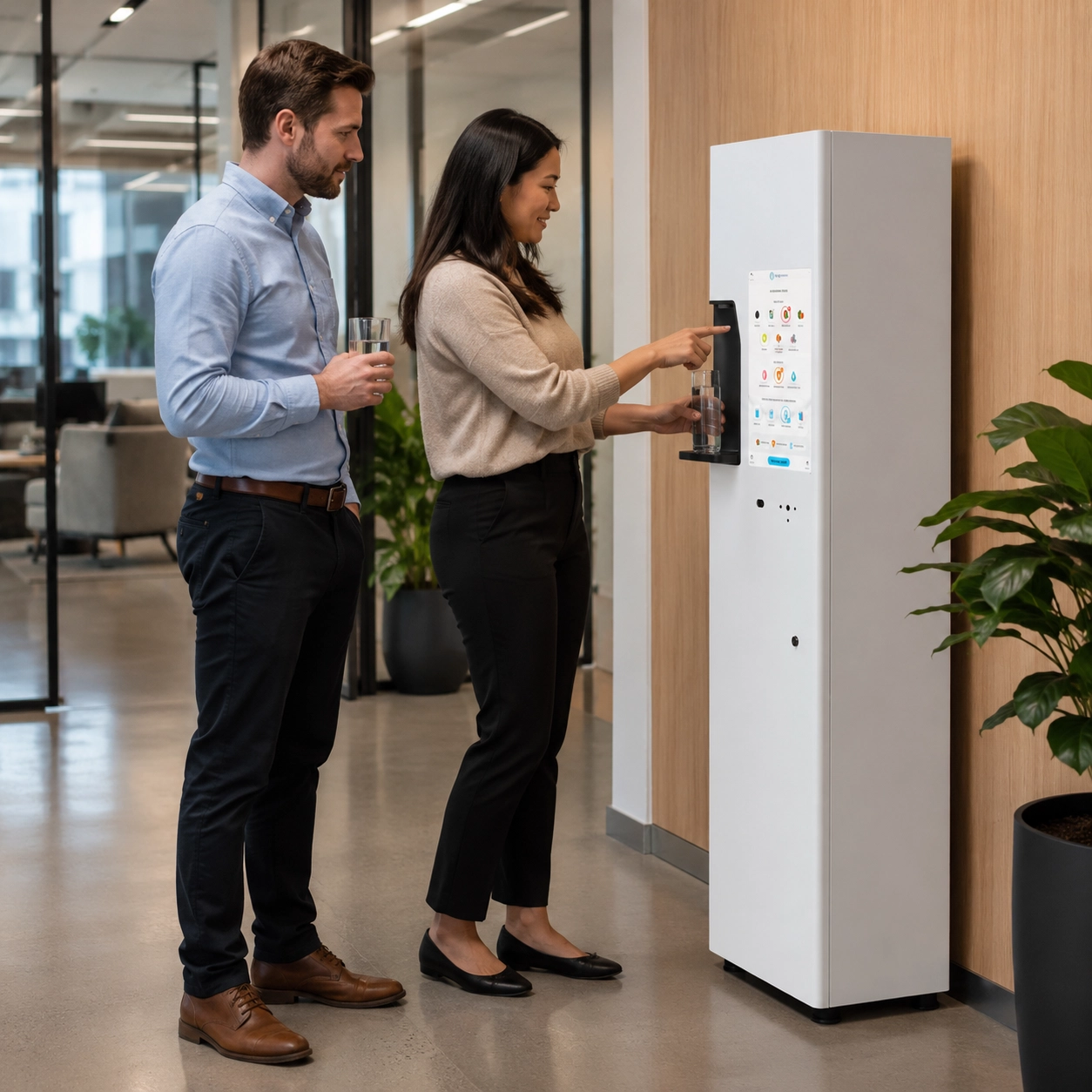 Employees enjoying premium flavored water from the Drop Water Refill machine.