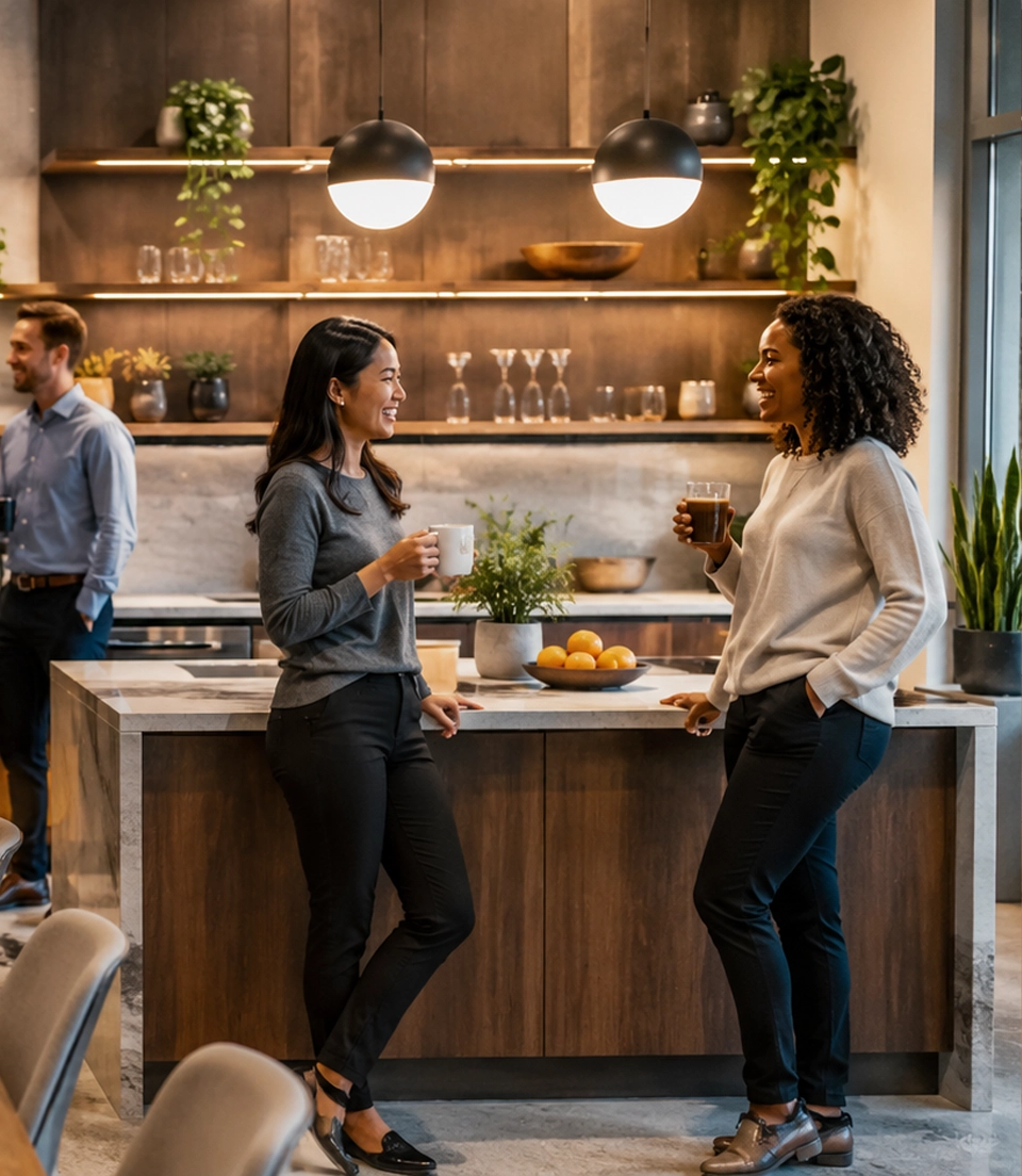 Bright modern office breakroom with employees enjoying premium coffee service