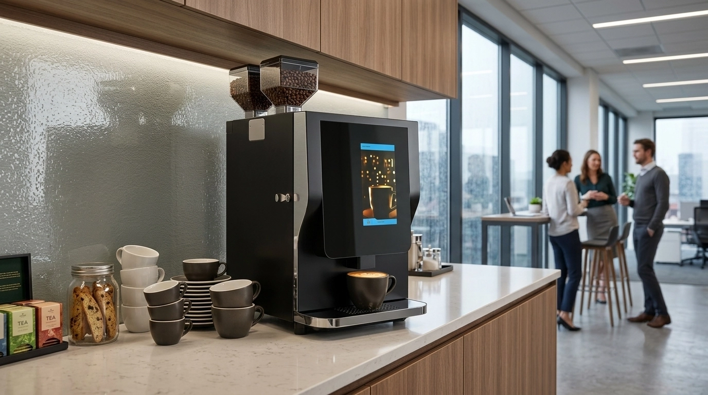 Clean, organized office breakroom featuring a commercial espresso machine from Empire City Coffee Services.