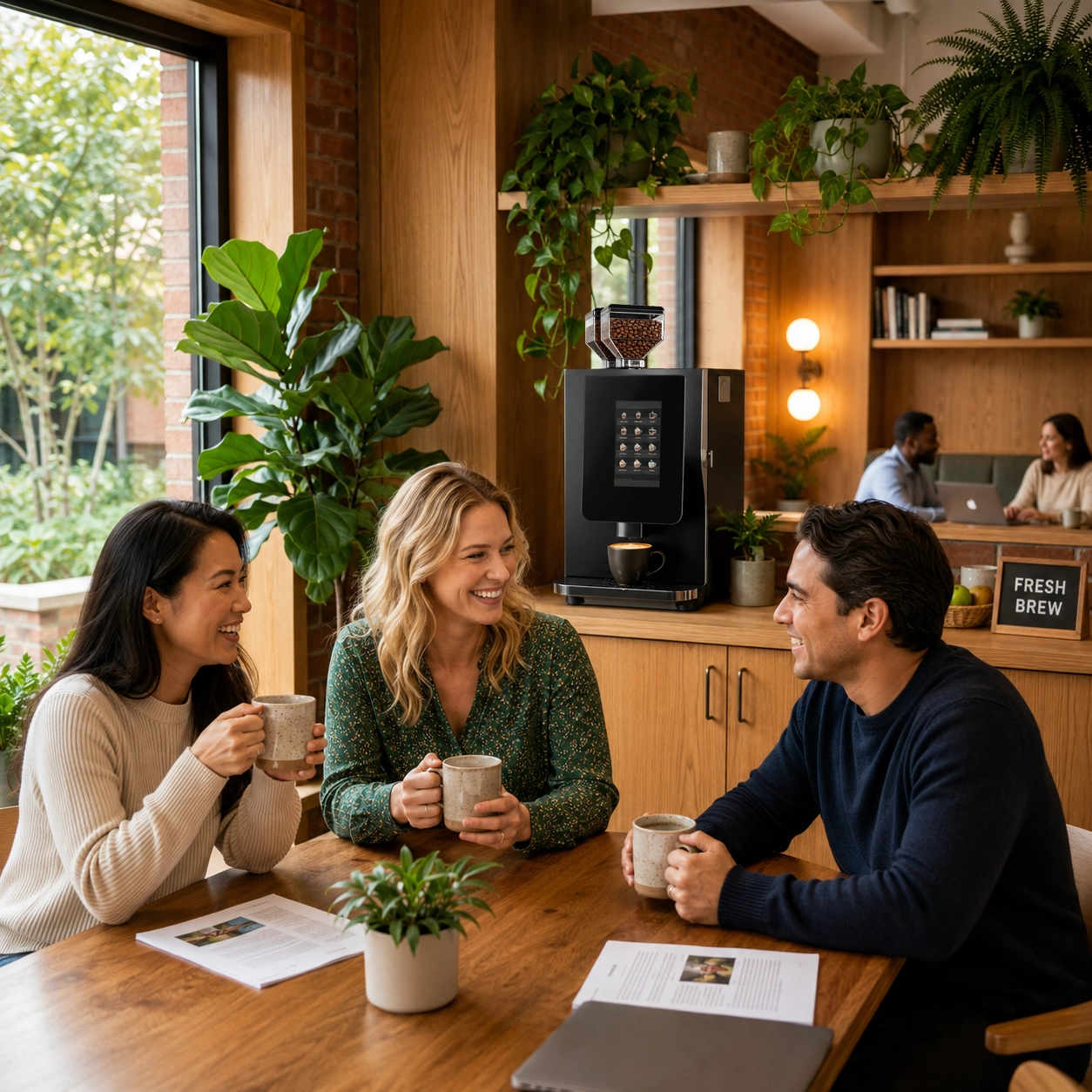 New Jersey office breakroom with employees enjoying premium coffee service