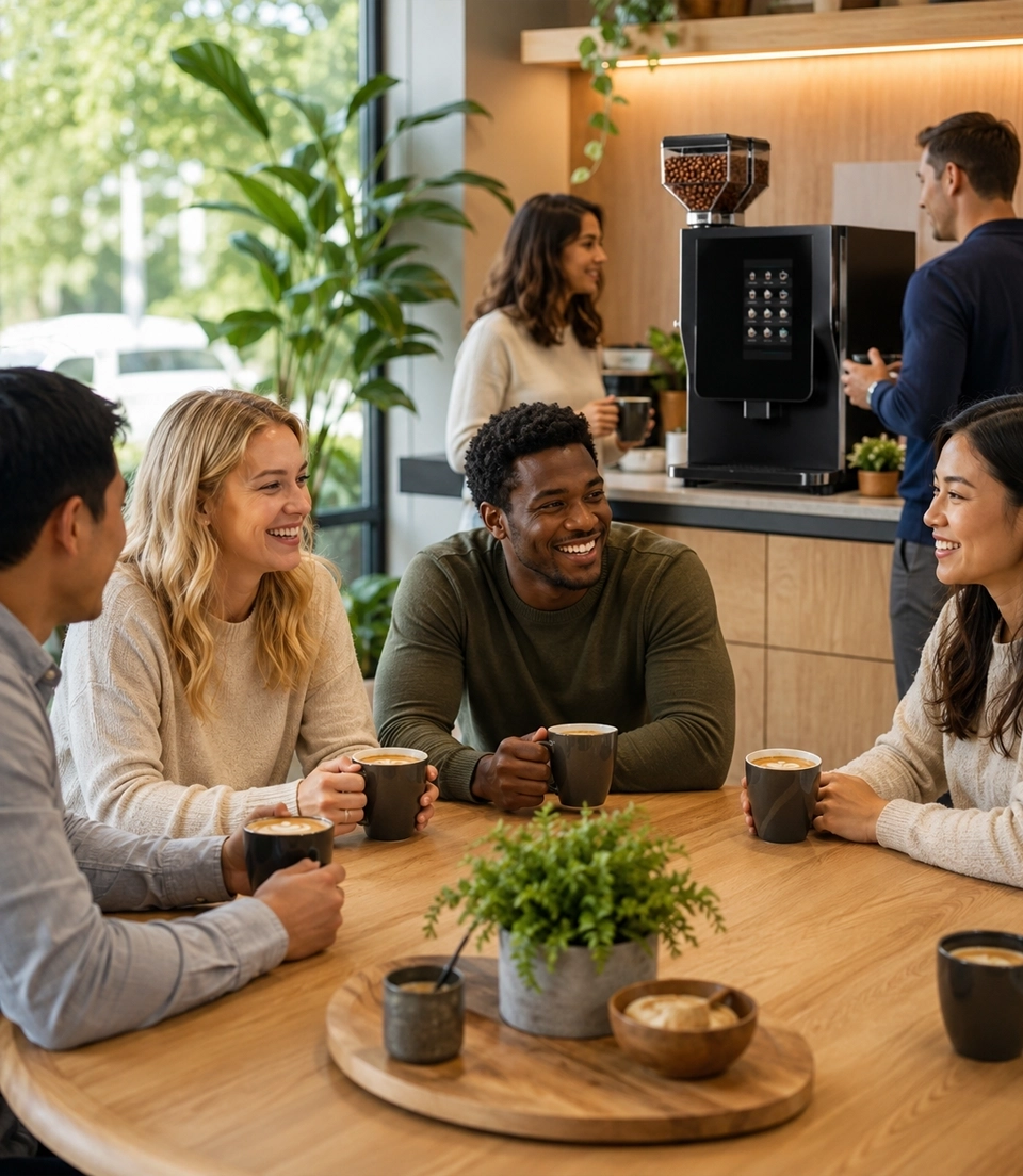 A bright, modern office breakroom with warm wood tones, fresh coffee, and relaxed employees enjoying café-style drinks.