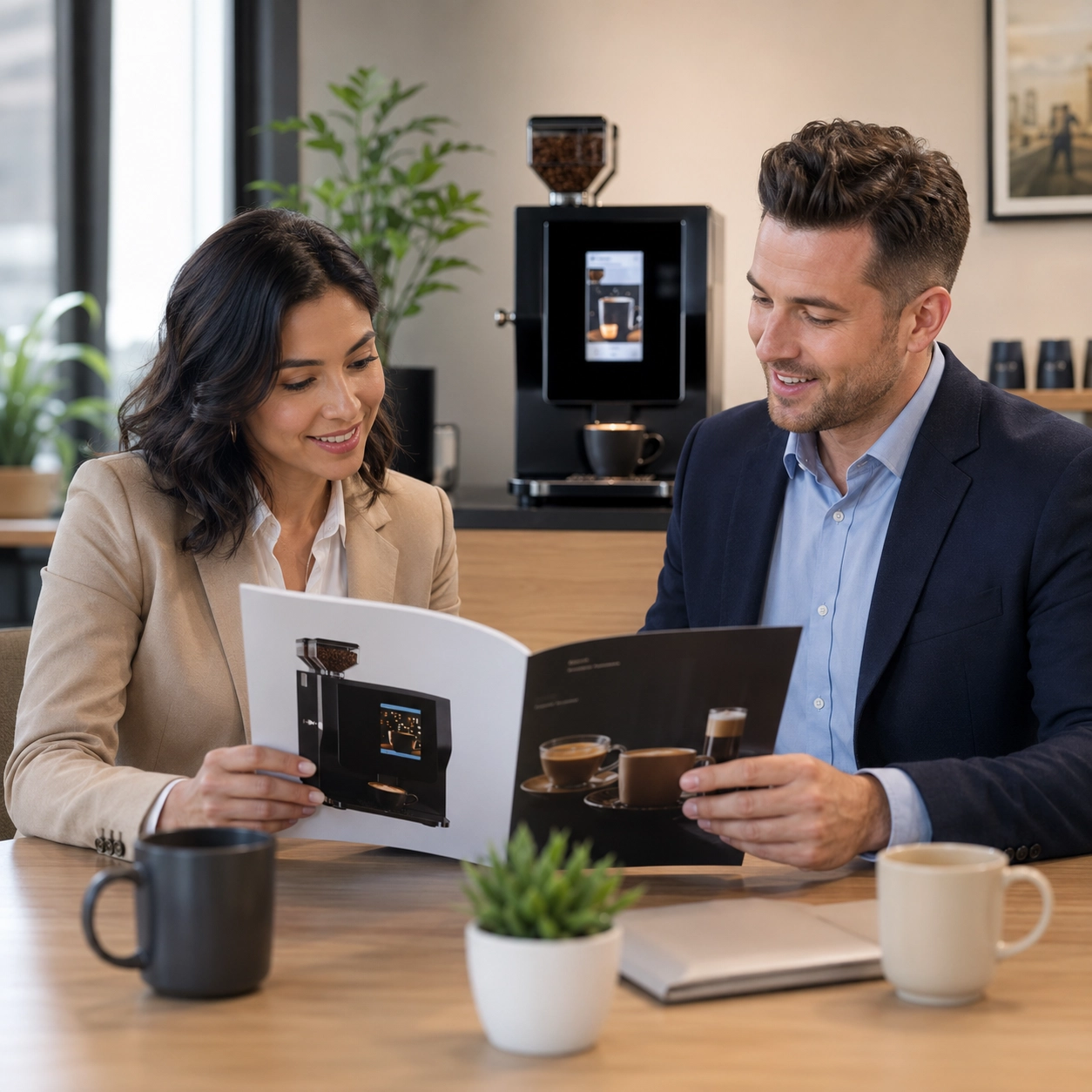Office manager receiving help selecting a commercial coffee machine