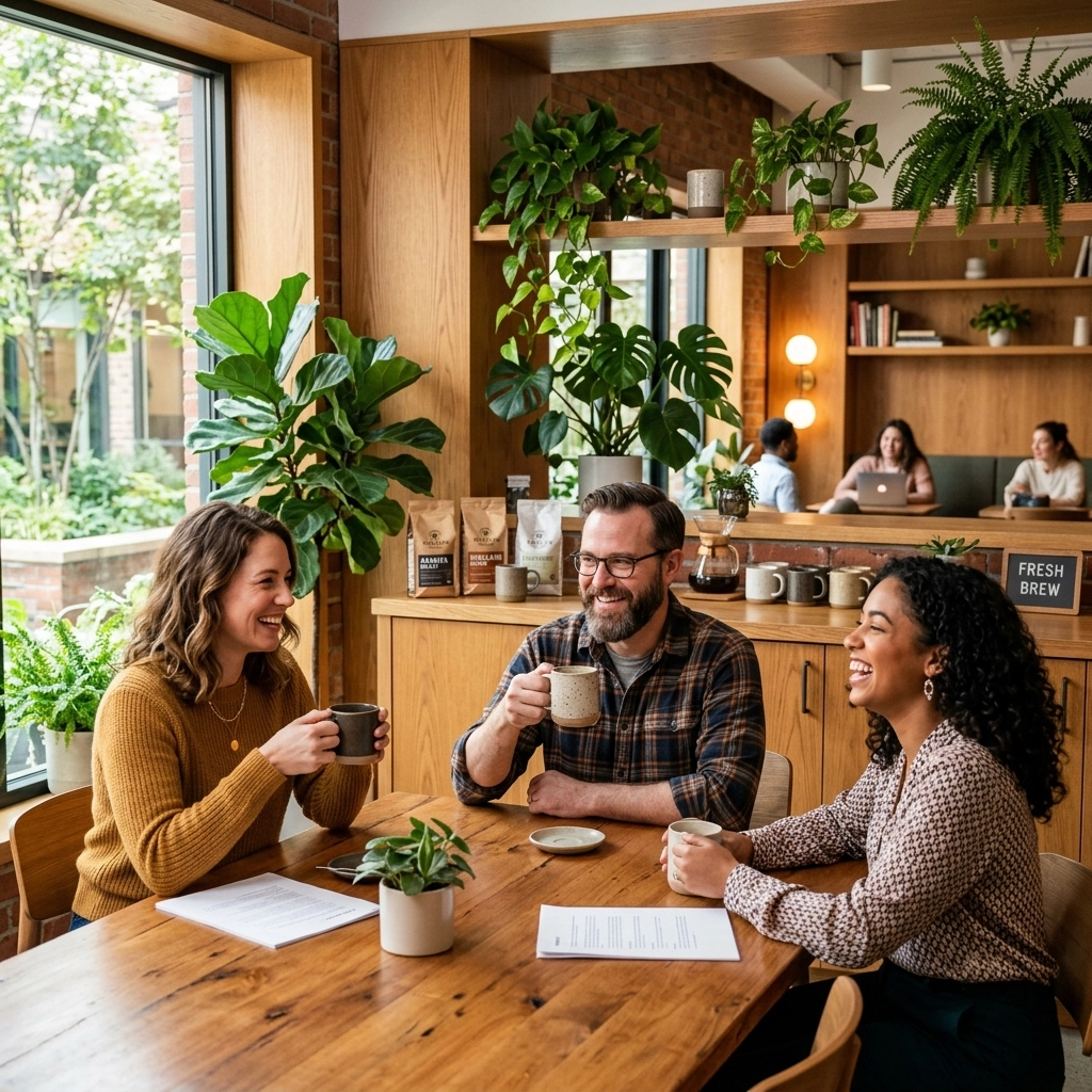 Bright modern office breakroom with employees enjoying premium coffee service