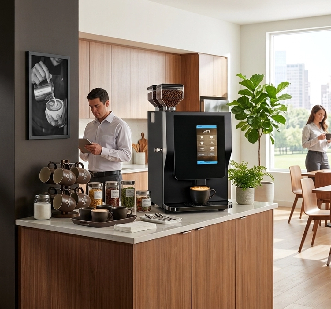 A sleek commercial espresso and coffee machine in a clean, upscale office breakroom or hospitality area, with cups and supplies neatly arranged nearby.