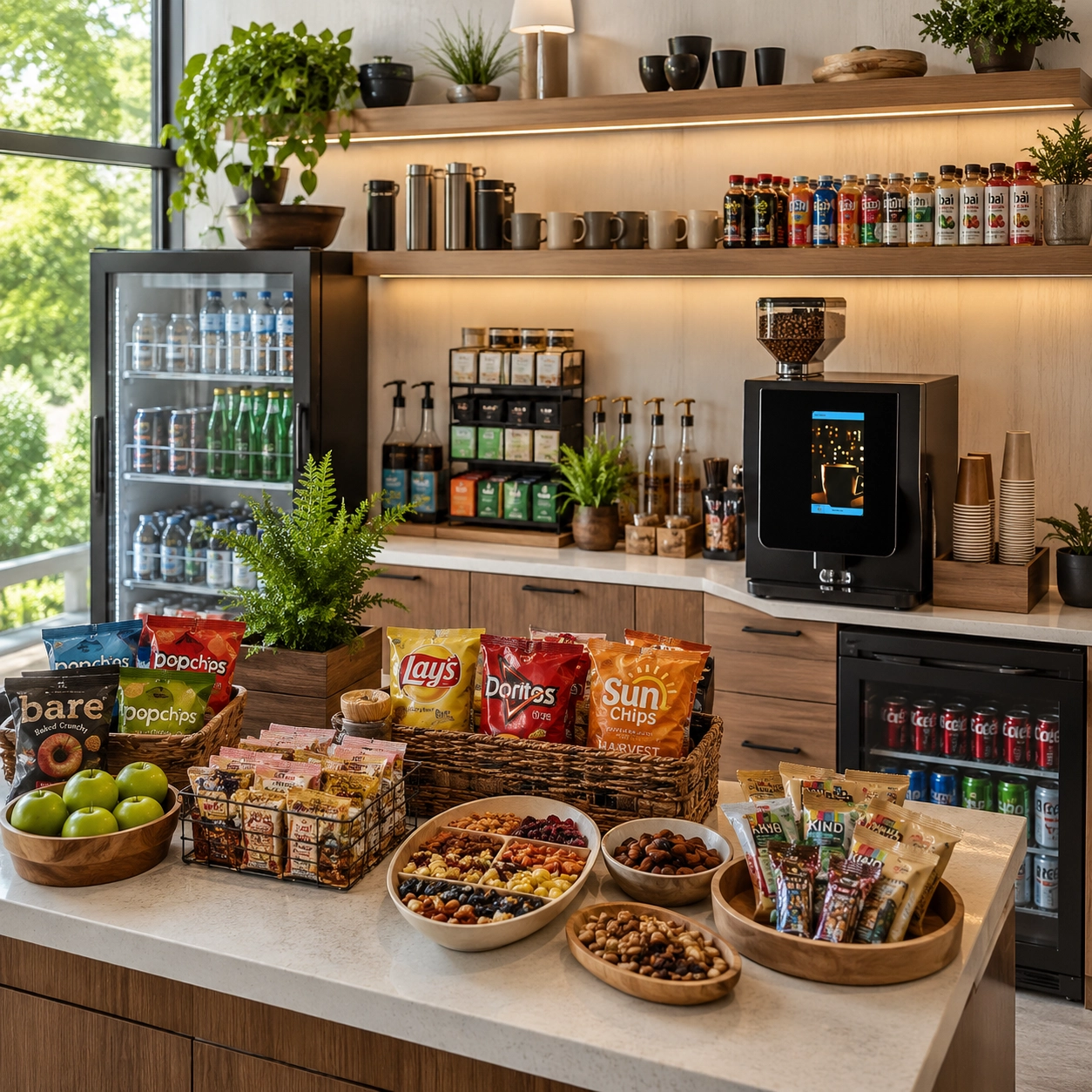 Bright modern office breakroom with employees enjoying premium coffee service