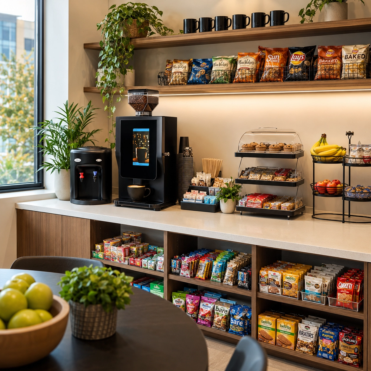 Bright modern office breakroom stocked with healthy snacks, traditional favorites, coffee, and beverages