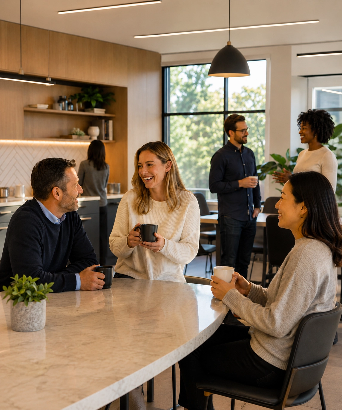 Several people enjoying coffee and talking in an office breakroom