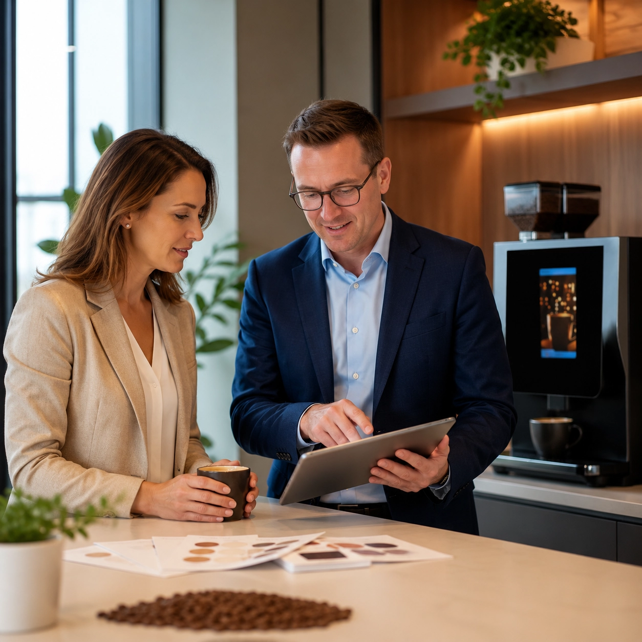Office manager receiving help choosing a commercial coffee machine