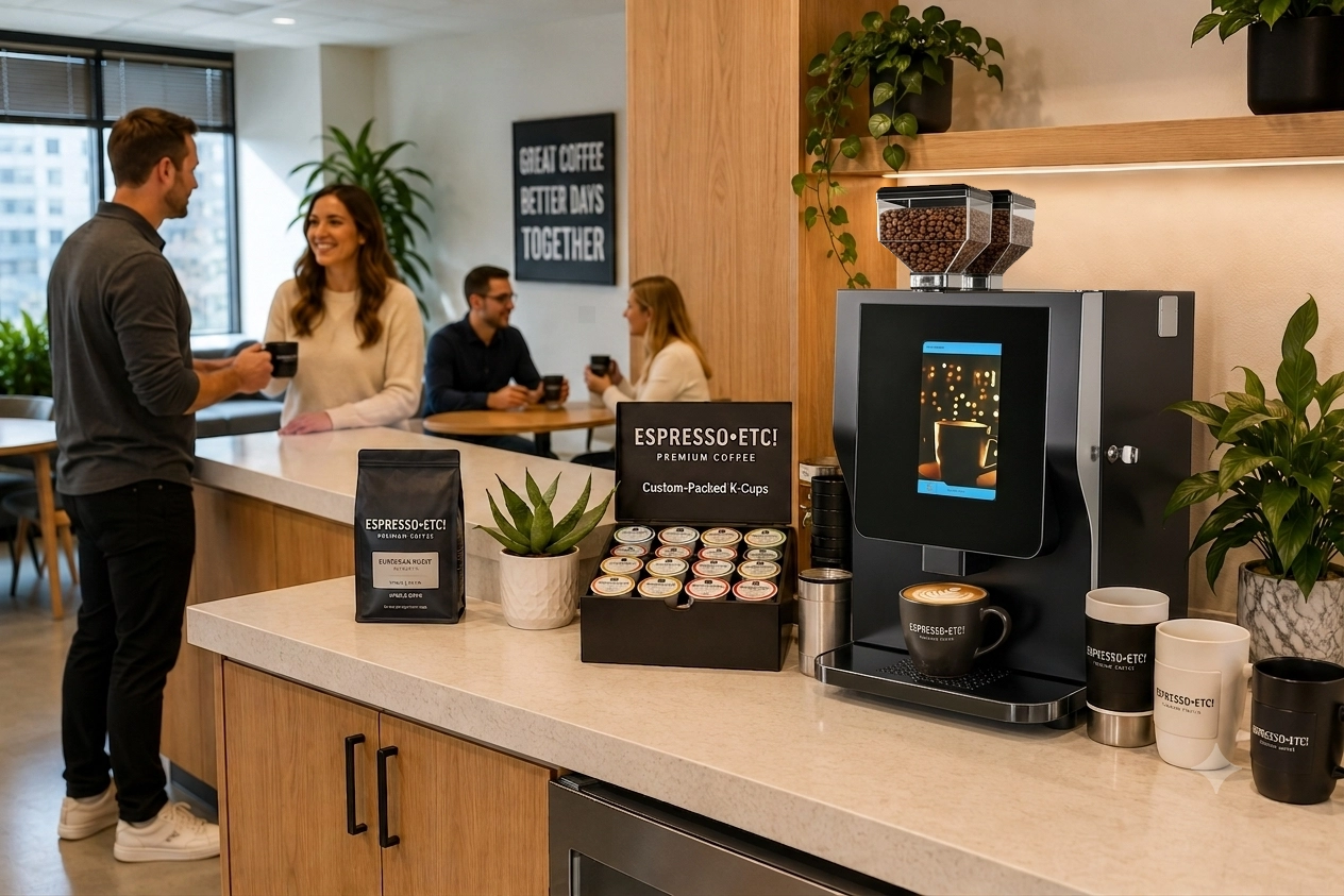 A bright, modern office breakroom with warm wood cabinetry, green plants,reusable mugs, premium coffee, custom-packed K-Cups, and a bean-to-cup coffee machine