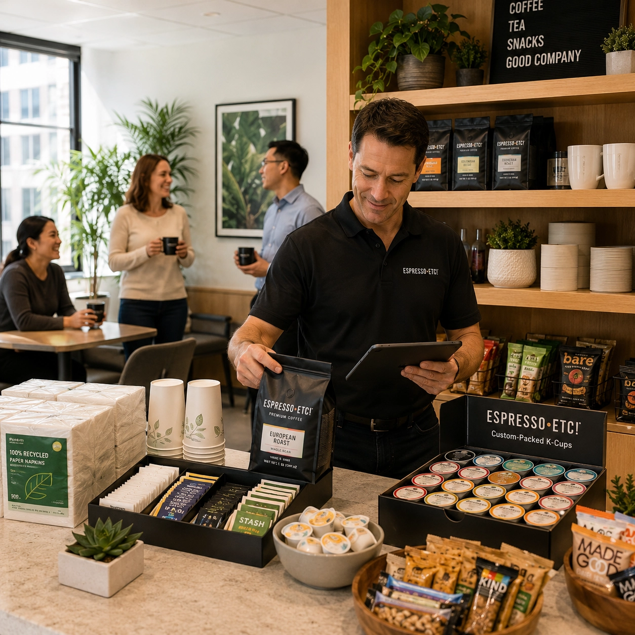  An Empire City Coffee Services  distributor restocking whole bean coffee, custom-packed K-Cups, tea, creamers, cups, healthy snacks, and paper products in an organized office breakroom. The distributor is checking inventory on a handheld tablet while employees naturally enjoy coffee nearby.